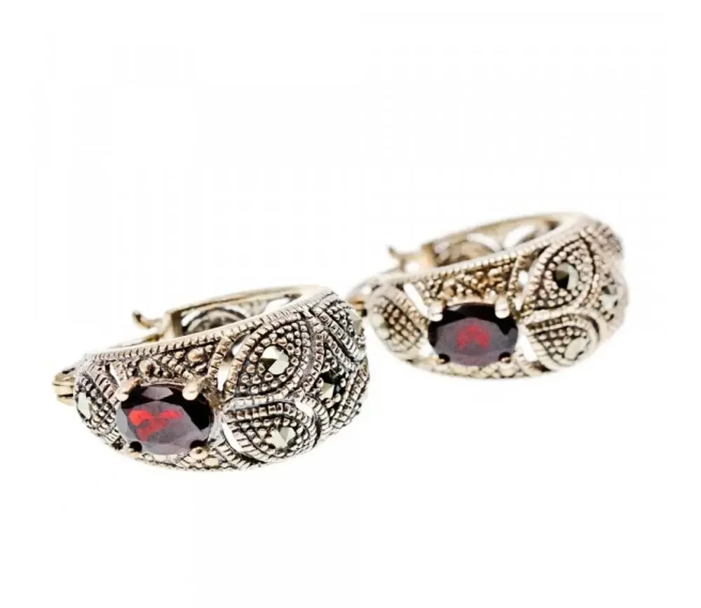 Vintage 925 Sterling Silver Almandine & Marcasites Earrings